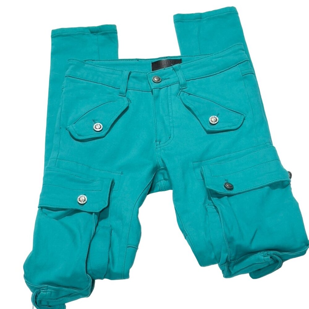 TULONES Currency Collections Men's Cargo Pants Turquoise Cotton Stretch Size 28